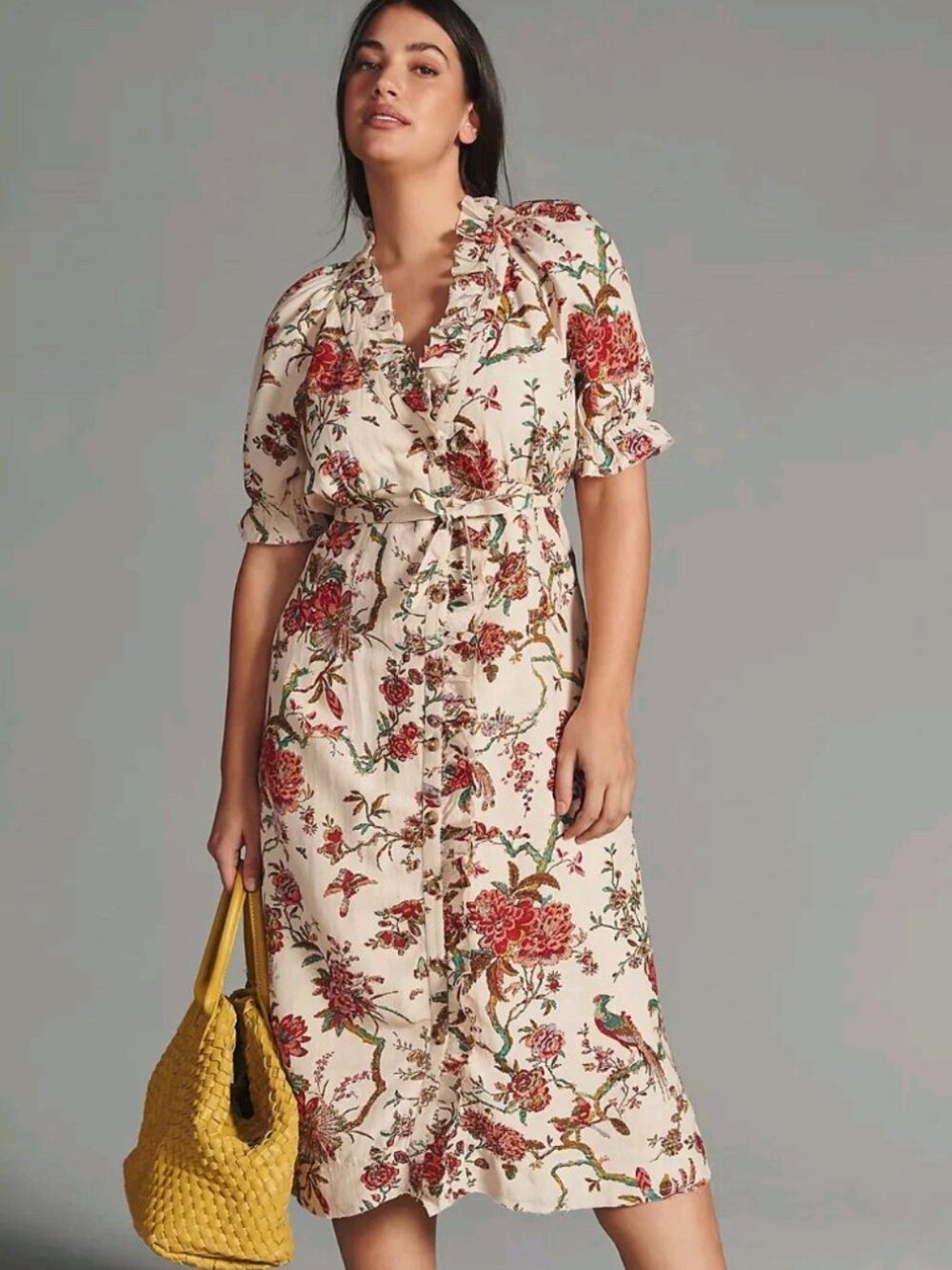 Pilcro Anthropologie Ruffle-Collar Floral Dress Puff Sleeves Buttondown Size 14